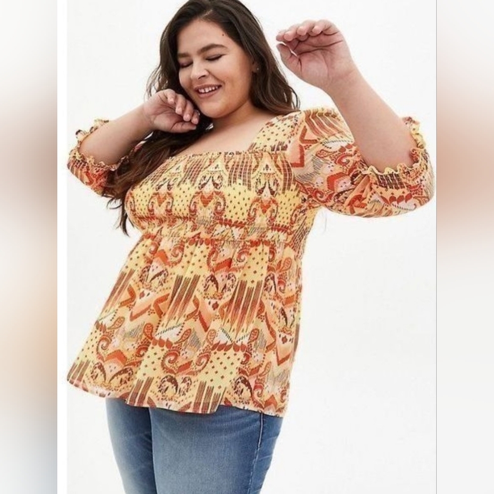 Torrid 2X(18/20W) Square Neck Smocked Chiffon Babydoll 3/4 Sleeve Top EUC